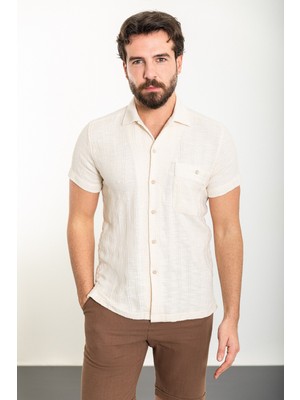 Çizgili Ekru Slim Fit Kısa Kollu Erkek Gömlek