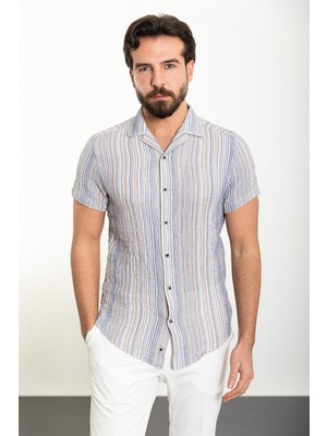 Çizgili Lacivert Slim Fit Apaç Yaka Kısa Kollu Erkek Gömlek