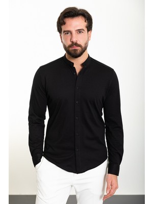 Düz Siyah Slim Fit Hakim Yaka Uzun Kollu Erkek Gömlek