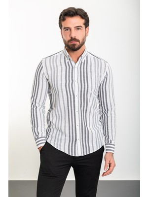 Çizgili Siyah Slim Fit Uzun Kollu Erkek Gömlek
