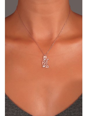 Mediterian Parlak Pembe Taşlı Gümüş Kedi Kolye, Zarif ve Şık Takı, Ayar: 925, Zirkon