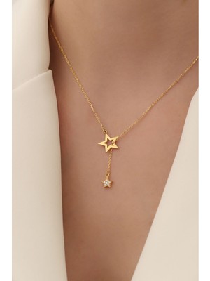 Mediterian 925 Ayar Gümüş Sallantılı Yıldız Kolye, Zirkon Taşlı, Altın Renk, Şık ve Zarif Takı