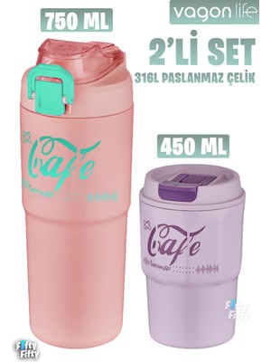 Vagonlife 2'li Çelik Termos-Kahve Bardağı Seti 750ML Çift Kullanım Termos//450ML Mug Kahve Bardağı