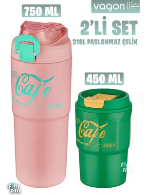 Vagonlife 2'li Çelik Termos-Kahve Bardağı Seti 750ML Çift Kullanım Termos//450ML Mug Kahve Bardağı