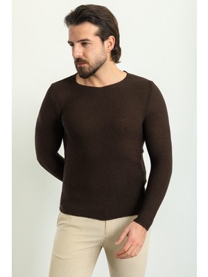 MCR Lase Kahverengi Slim Fit Bisiklet Yaka Uzun Kollu Erkek Triko