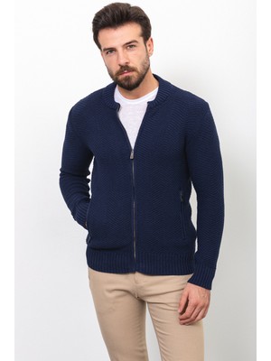 MCR Desenli Lacivert Renk Slim Fit Hakim Yaka Erkek Hırka