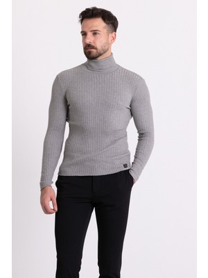 MCR Çizgili Koyu Gri Slim Fit Tam Balıkçı Yaka Erkek Triko Kazak