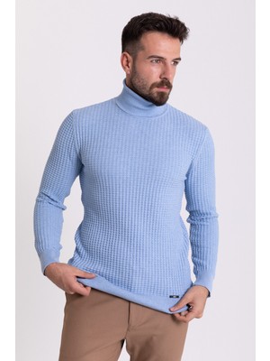 MCR Dokulu Mavi Renk Slim Fit Tam Balıkçı Yaka Erkek Kazak