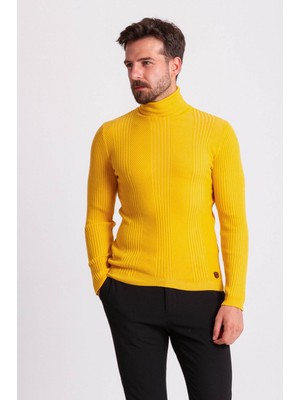 MCR Çizgi Desenli Sarı Slim Fit Tam Balıkçı Yaka Erkek Triko Kazak