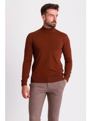 MCR Düz Kahverengi Slim Fit Erkek Yarım Balıkçı Yaka Kazak
