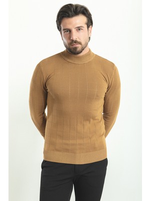 Kareli Kamel Slim Fit Yarım Balıkçı Yaka Erkek Triko Kazak