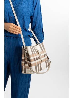 Just Polo Krem 5 Bölmeli Ekose Desenli Kadın El & Omuz Çantası NBS9011