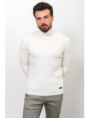Çizgili Beyaz Renk Slim Fit Yarım Balıkçı Yaka Yün Erkek Kazak