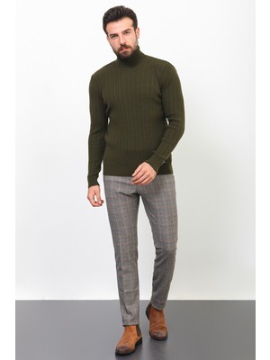 Çizgili Haki Rengi Slim Fit Yarım Balıkçı Yaka Yün Erkek Kazak