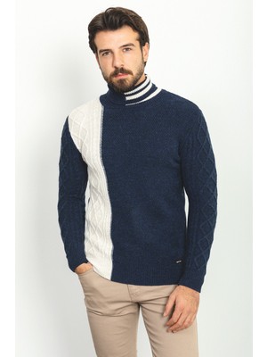 Parçalı Lacivert Renk Slim Fit Tam Balıkçı Yaka Yün Erkek Kazak