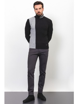 Parçalı Siyah Renk Slim Fit Tam Balıkçı Yaka Yün Erkek Kazak