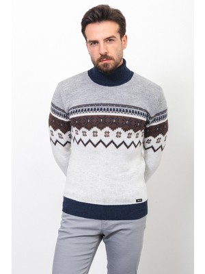 Desenli Lacivert Renk Slim Fit Tam Balıkçı Yaka Yün Erkek Kazak