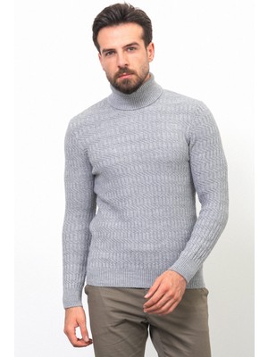 Örgü Desenli Gri Renk Slim Fit Tam Balıkçı Yaka Yün Erkek Kazak