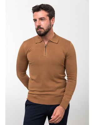 MCR Düz Kamel Slim Fit Fermuarlı Polo Yaka Erkek Triko Kazak