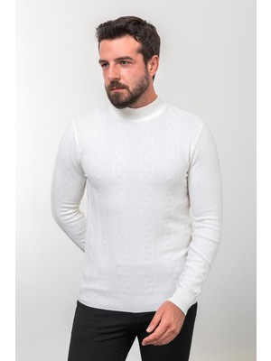 Desenli Ekru Slim Fit Yarım Balıkçı Yaka Yün Erkek Triko Kazak
