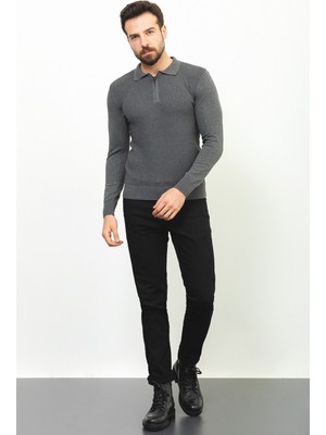 Kareli Antrasit Slim Fit Fermuarlı Polo Yaka Erkek Triko Kazak