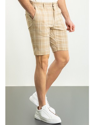 MCR Ekoseli Bej Rengi Super Slim Fit Erkek Şort