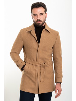 MCR Düz Kamel Rengi Slim Fit Gömlek Yaka Kuşaklı Kaşe Erkek Kaban