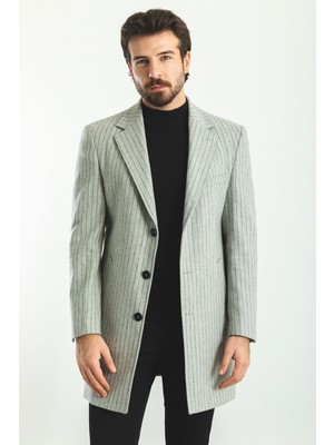 MCR Çizgili Gri Renk Slim Fit Mono Yaka Yün Erkek Kaban