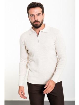 Düz Bej Slim Fit Fermuarlı Polo Yaka Erkek Triko Kazak