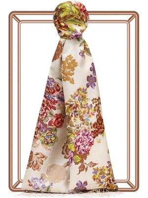 Ipekevi Desenli Ipek Şal - Yalı Bahçesi Desenli - Beyaz Dore