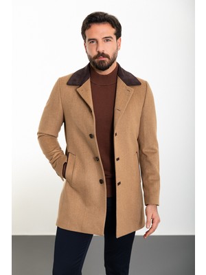 MCR Erkek Kaban Slim Fit Kamel Rengi Kaşe Malzeme ile Uzun Kol Yaka Detaylı Orta Kalınlık