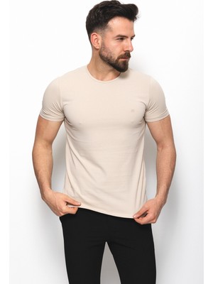 MCR Düz Taş Rengi Super Slim Fit Bisiklet Yaka Basic Erkek T-Shirt