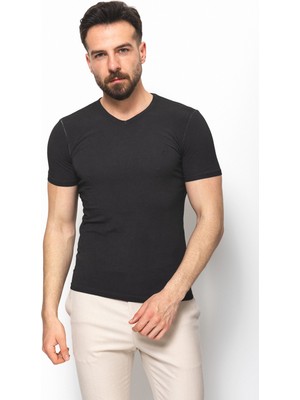 MCR Düz Antrasit Rengi Super Slim Fit V Yaka Basic Erkek T-Shirt