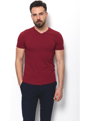 MCR Düz Bordo Renk Super Slim Fit V Yaka Basic Erkek T-Shirt