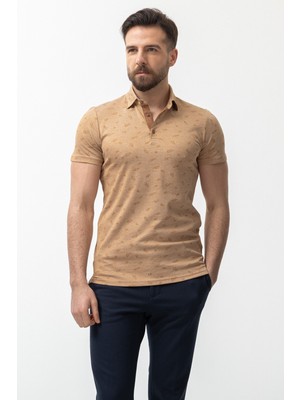 MCR Yaprak Desenli Kamel Slim Fit Polo Yaka Erkek T-Shirt