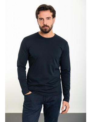 Düz Lacivert Renk Slim Fit Uzun Kollu Bisiklet Yaka Erkek T-Shirt