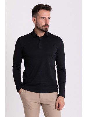 MCR Düz Siyah Renk Slim Fit Uzun Kollu Polo Yaka Erkek T-Shirt