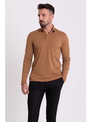 MCR Düz Kamel Rengi Slim Fit Uzun Kollu Polo Yaka Erkek T-shirt