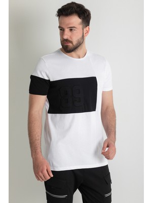 MCR Parçalı Kabartma Baskı Detaylı Siyah Beyaz Slim Fit Bisiklet Yaka Erkek T-shirt