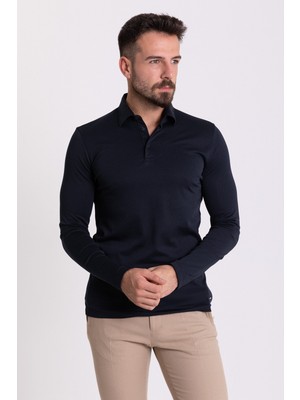MCR Düz Lacivert Renk Slim Fit Uzun Kollu Polo Yaka Erkek T-Shirt