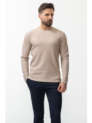 MCR Bej Rengi Slim Fit Uzun Kollu Bisiklet Yaka Erkek T-shirt