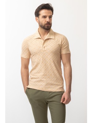 MCR Desenli Bej Rengi Slim Fit Apaç Yaka Erkek T-shirt