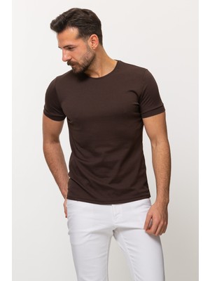 MCR Duz Kahverengi Slim Fit Bisiklet Yaka Basıc Erkek T-shirt