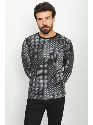 MCR Desenli Siyah Renk Slim Fit Bisiklet Yaka Uzun Kollu Erkek T-Shirt