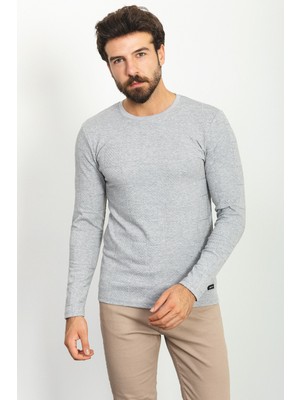Desenli Gri Renk Slim Fit Bisiklet Yaka Uzun Kollu Erkek T-Shirt