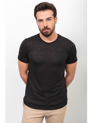 Düz Siyah Renk Slim Fit Bisiklet Yaka Basic Erkek T-Shirt