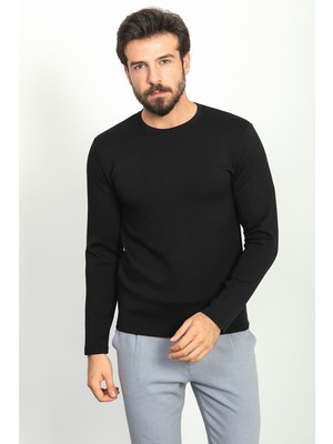 Düz Siyah Renk Slim Fit Bisiklet Yaka Uzun Kollu Basic Erkek T-Shirt