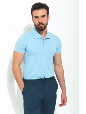 MCR Düz Mavi Renk Slim Fit Apaç Yaka Erkek T-Shirt