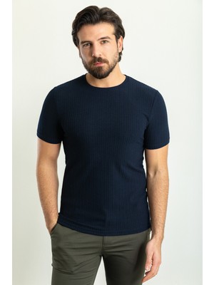 MCR Çizgili Lacivert Renk Slim Fit Bisiklet Yaka Erkek T-Shirt