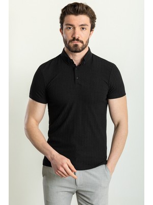 MCR Çizgili Siyah Renk Slim Fit Polo Yaka Erkek T-Shirt